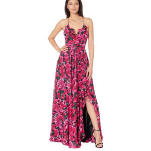 Betsy & Adam Pink Floral Chiffon Fit Flare Corset Back Formal Gown Size 4